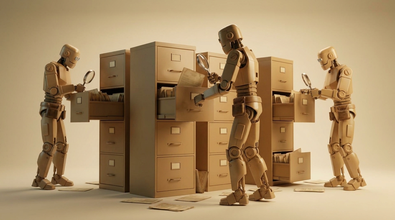 Agent robots working together to search through file cabinets with magnifying glasses