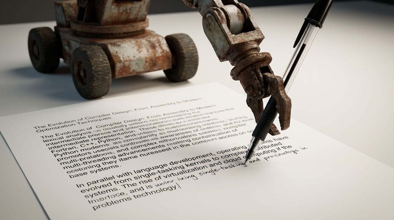 A rusty industrial robot arm grips a pen and writes the bottom half of a software-history document