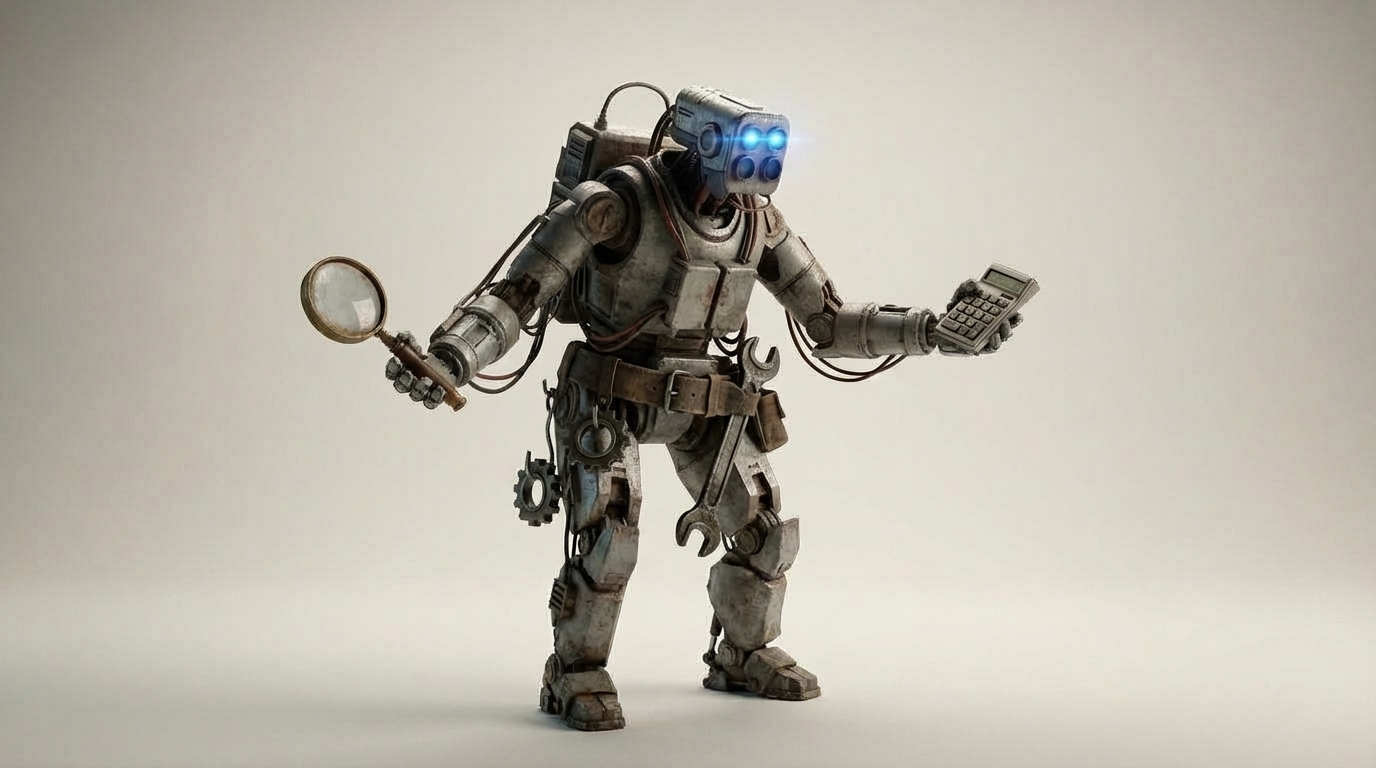 A gritty early-era robot with glowing blue sensors holds a magnifying glass and calculator, tool belt loaded with wrench and gears