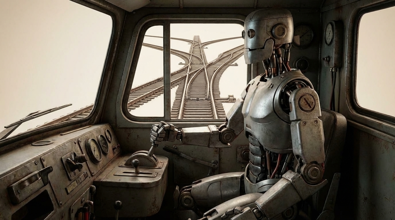 A futuristic bullet train navigating a DAG-shaped railway with glowing switch nodes on a circuit-board landscape