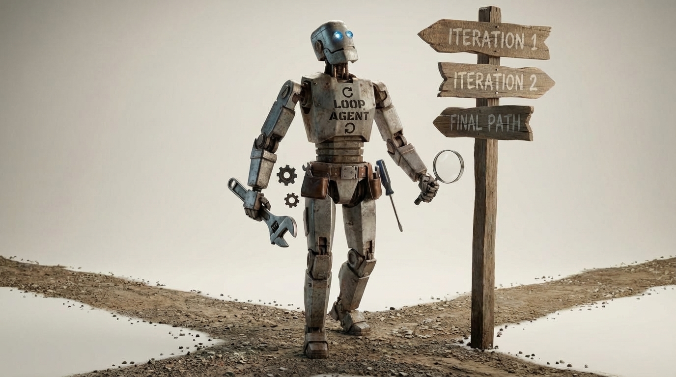 The Loop Agent: a weathered robot with 'LOOP AGENT' on its chest stands at a crossroads signpost reading Iteration 1, Iteration 2, Final Path