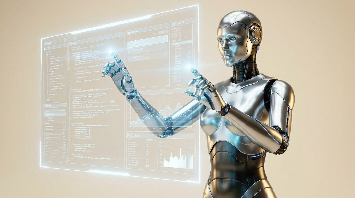 A sleek chrome android stands at a holographic display, interacting with dashboards and data visualizations