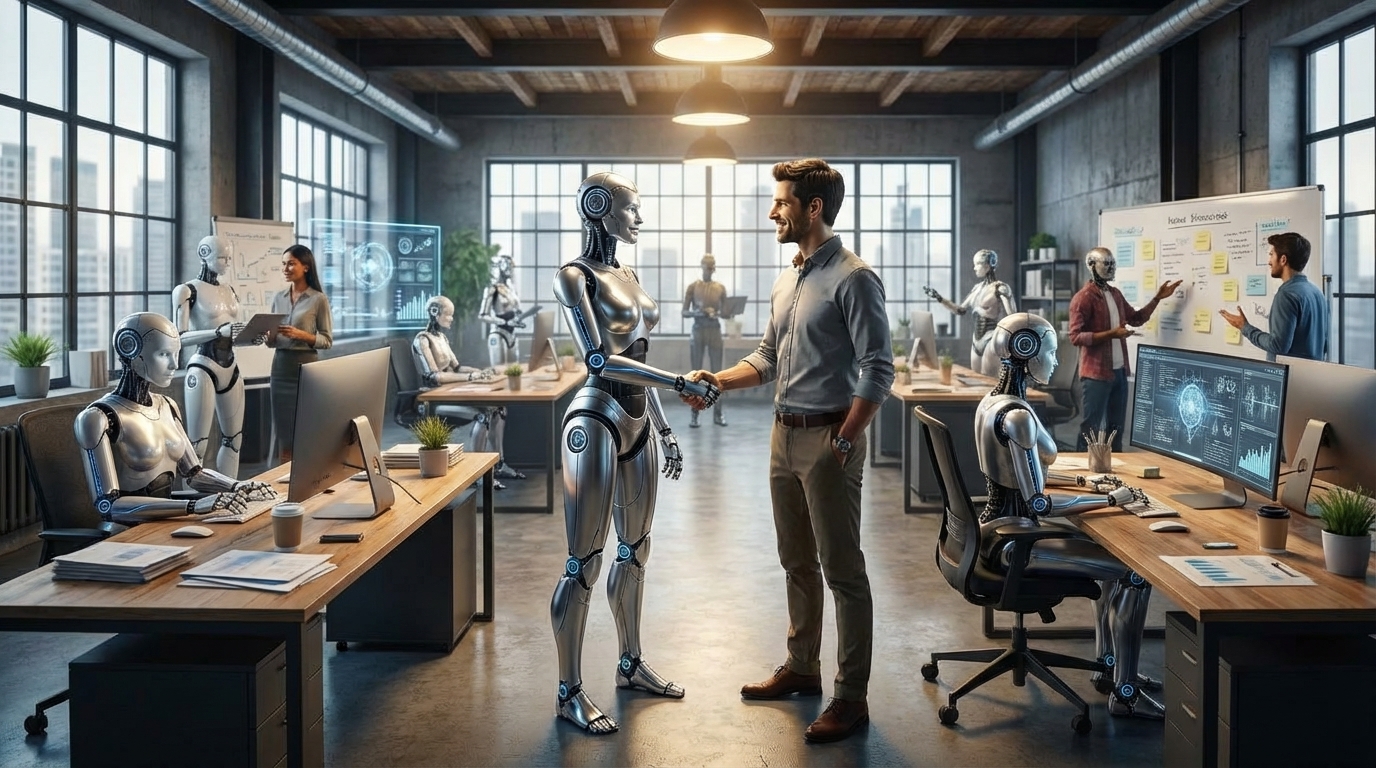 Sleek chrome androids working alongside humans in a modern office, a robot and human shaking hands at center