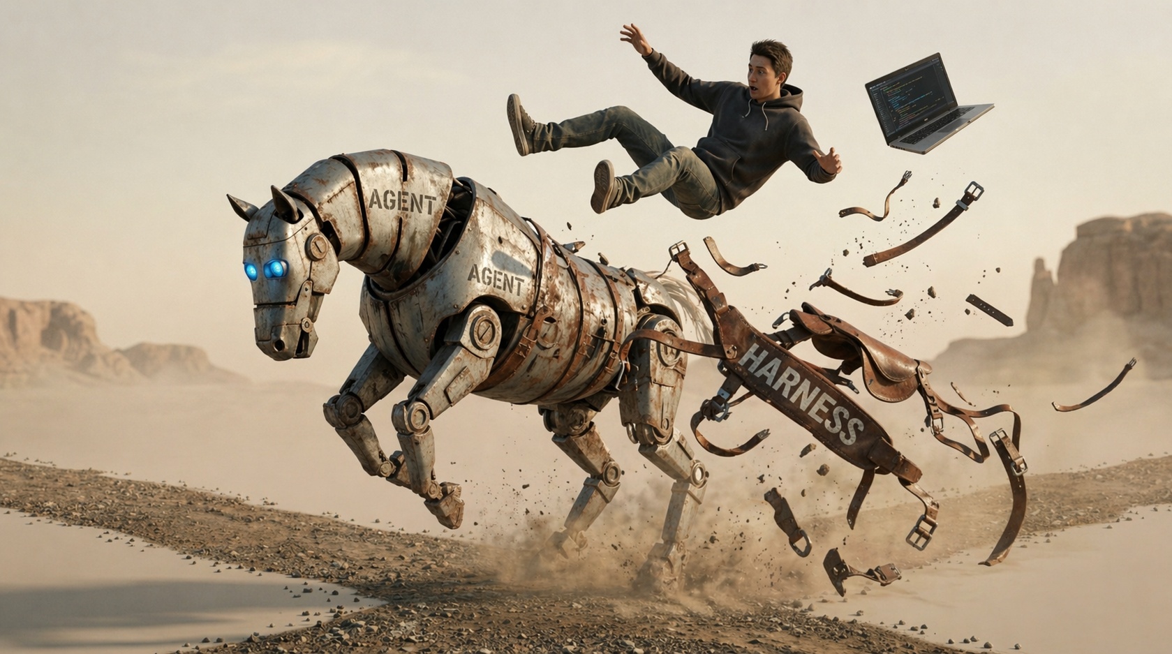 A robotic bronco labeled AGENT bucks off a software developer as a saddle labeled HARNESS breaks free