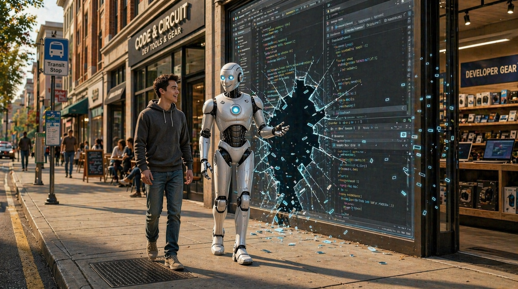 A friendly robotic agent steps out of an IDE storefront to join its user in the city